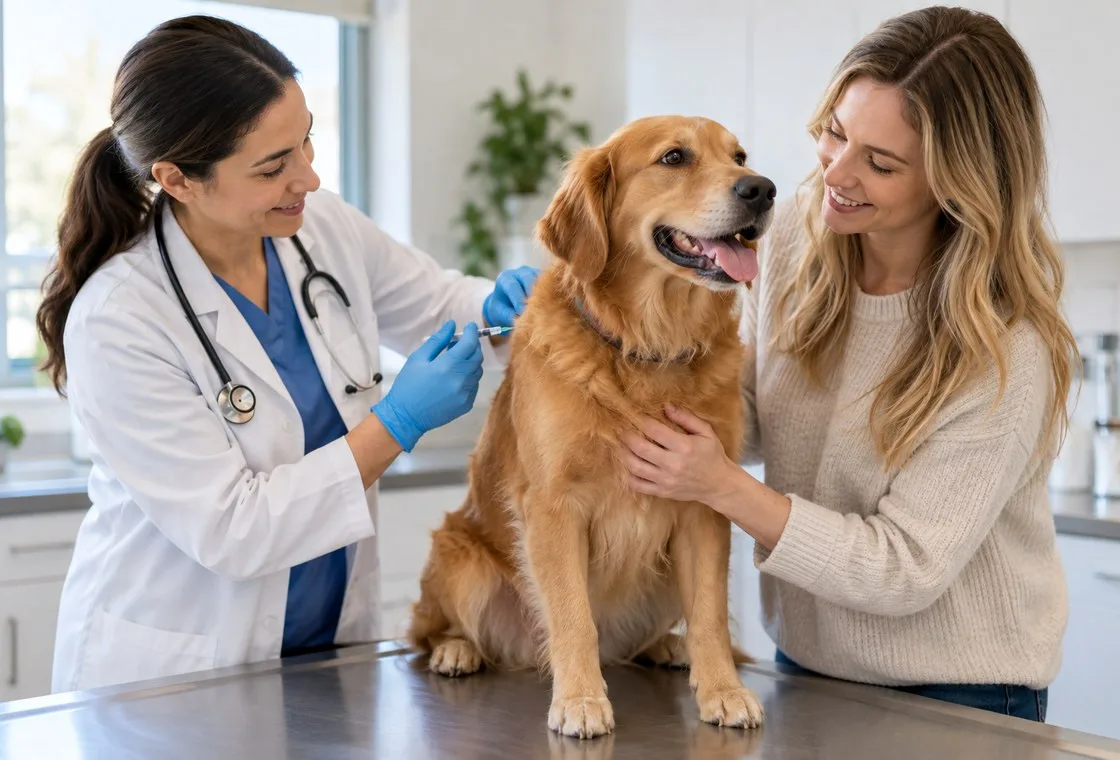 Veterinarian holding a syringe beside a dog supported by its owner